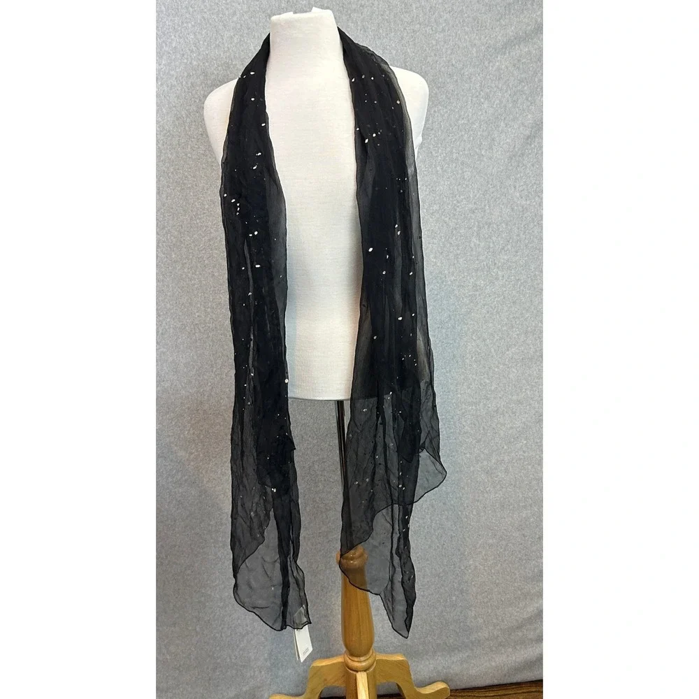 Eileen Fisher Sheer Silk Scarf Black Foil Sprinkled Crinkle Silk Gold Silver NEW